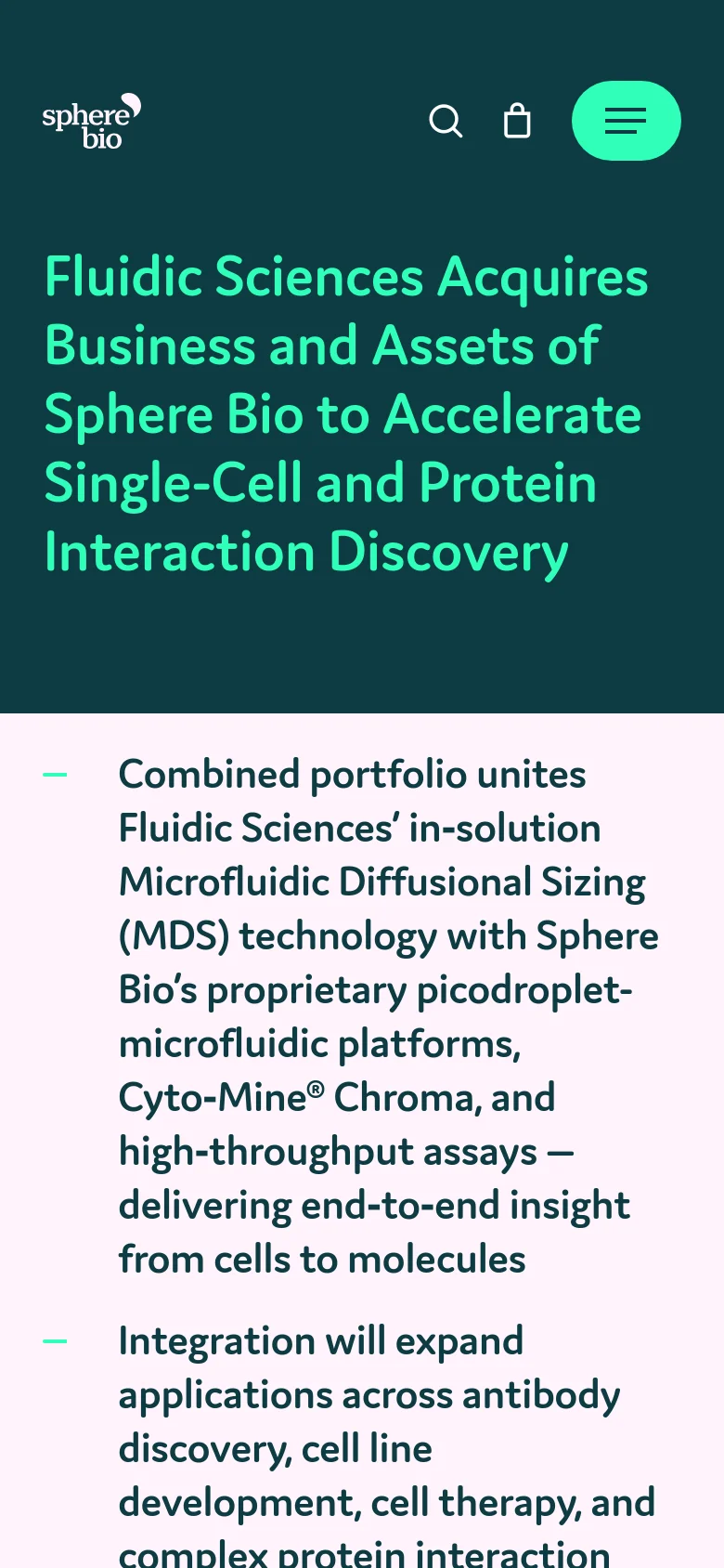 The mobile version shows a simplified header with the Sphere Bio logo, a search icon, a shopping bag, and a green hamburger menu button. The main headline is displayed in bright green against a dark teal background, followed by a vertical list of bulleted text points on a white background.