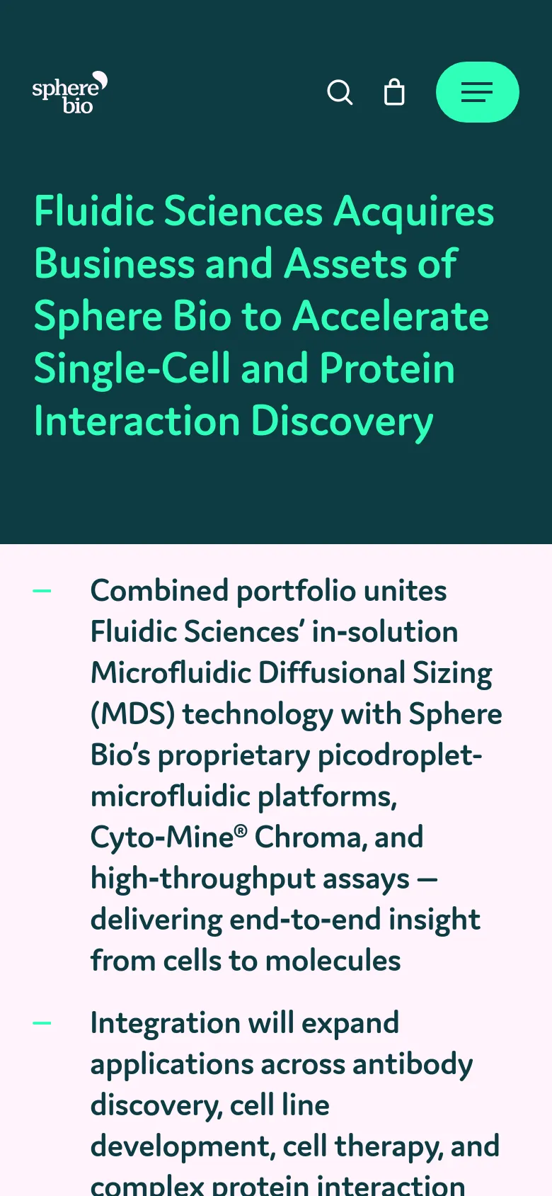 The mobile version shows a simplified header with the Sphere Bio logo, a search icon, a shopping bag, and a green hamburger menu button. The main headline is displayed in bright green against a dark teal background, followed by a vertical list of bulleted text points on a white background.