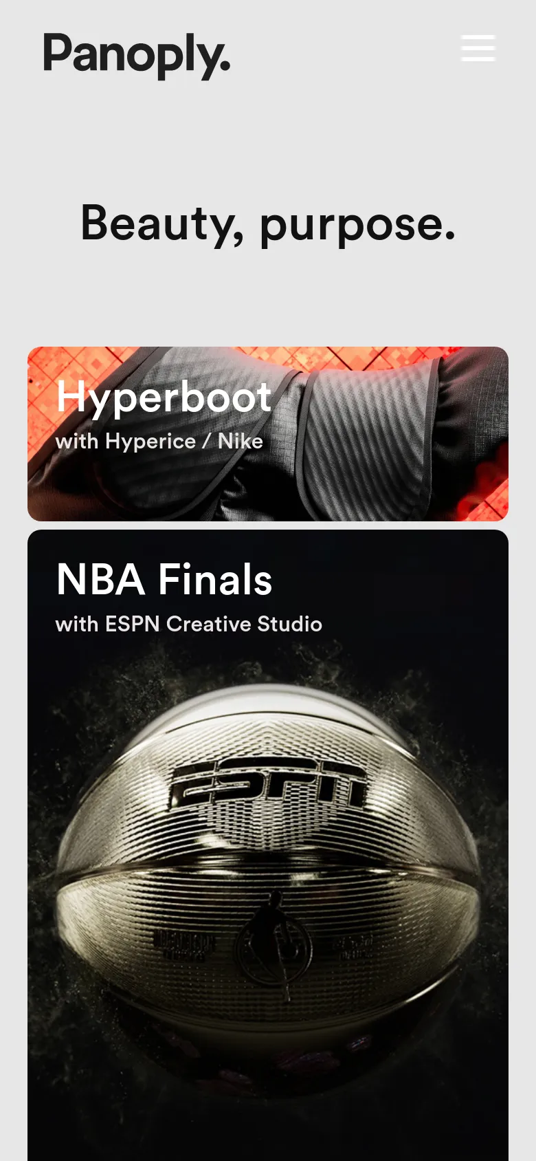 The mobile version maintains the clean white aesthetic but uses a simplified layout. The navigation is condensed into a hamburger menu icon next to the Panoply logo, and the project grid transitions into a single-column vertical stack of large, full-width images with text overlays.
