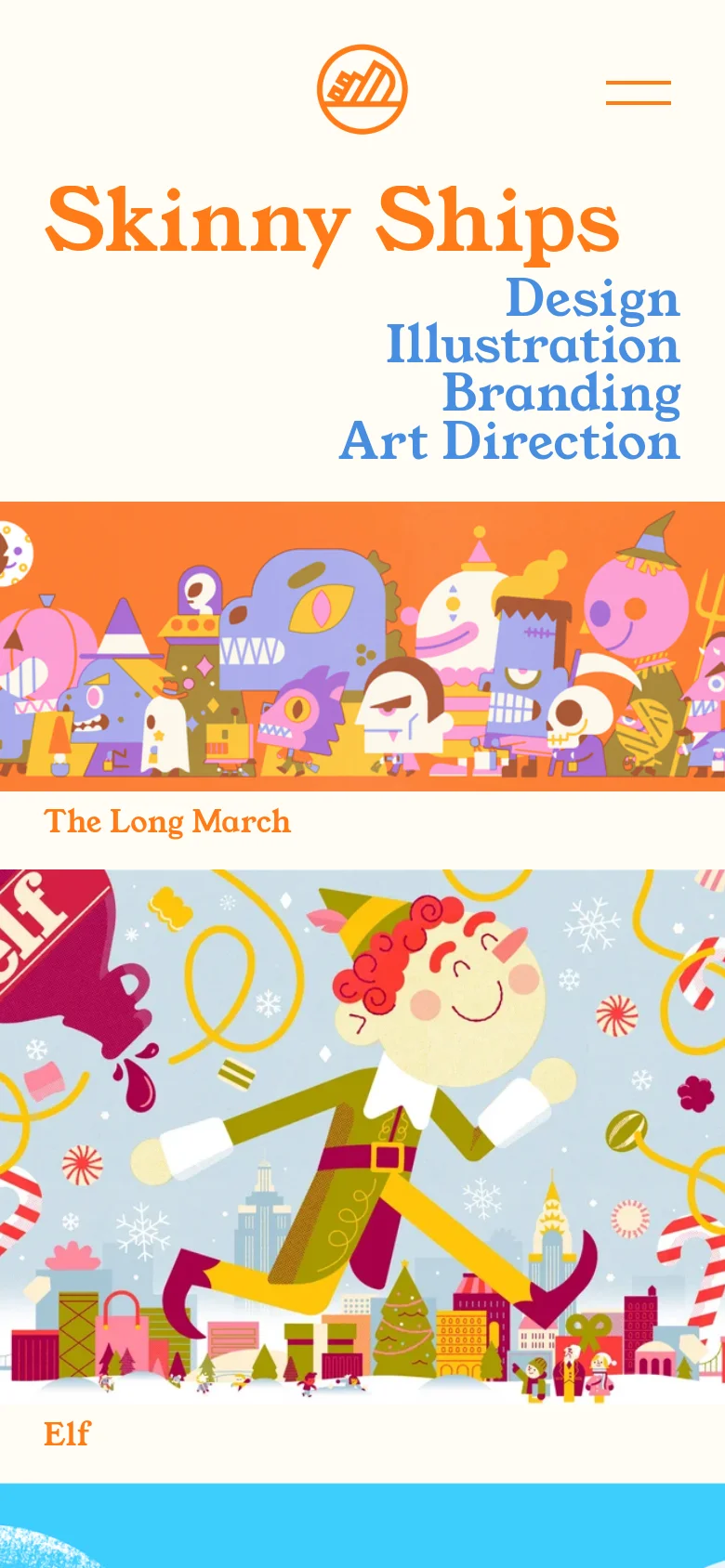 The mobile version uses a simplified vertical layout with a centered logo and a hamburger menu icon at the top. The colorful monster banner and project thumbnails are stacked vertically, making the vibrant illustrations the primary focus of the scrolling experience.