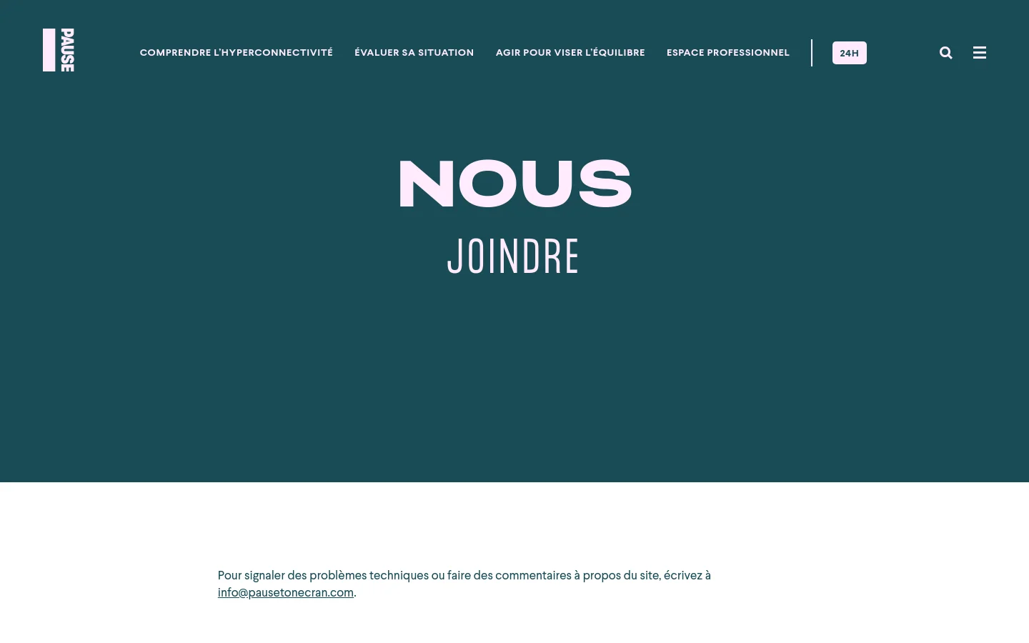 The desktop contact page features a large dark teal hero section with the title 'NOUS JOINDRE' in bold white capital letters. Below the hero, the page uses a clean white background with dark text, organized into sections for technical issues, general information, media relations, and help resources. The navigation bar at the top is white with dark teal text and includes links like 'COMPRENDRE L'HYPERCONNECTIVITÉ' and a search icon.