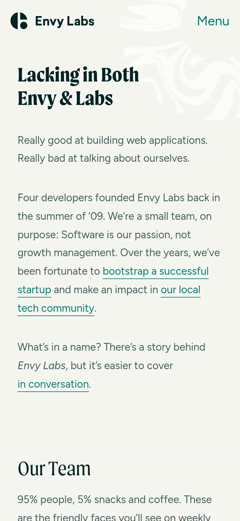 The mobile version simplifies the layout into a single vertical column with the 'Envy Labs' logo and a 'Menu' button at the top. The large headline and introductory text are stacked vertically, followed by the 'Our Team' section, optimized for a narrow screen view.