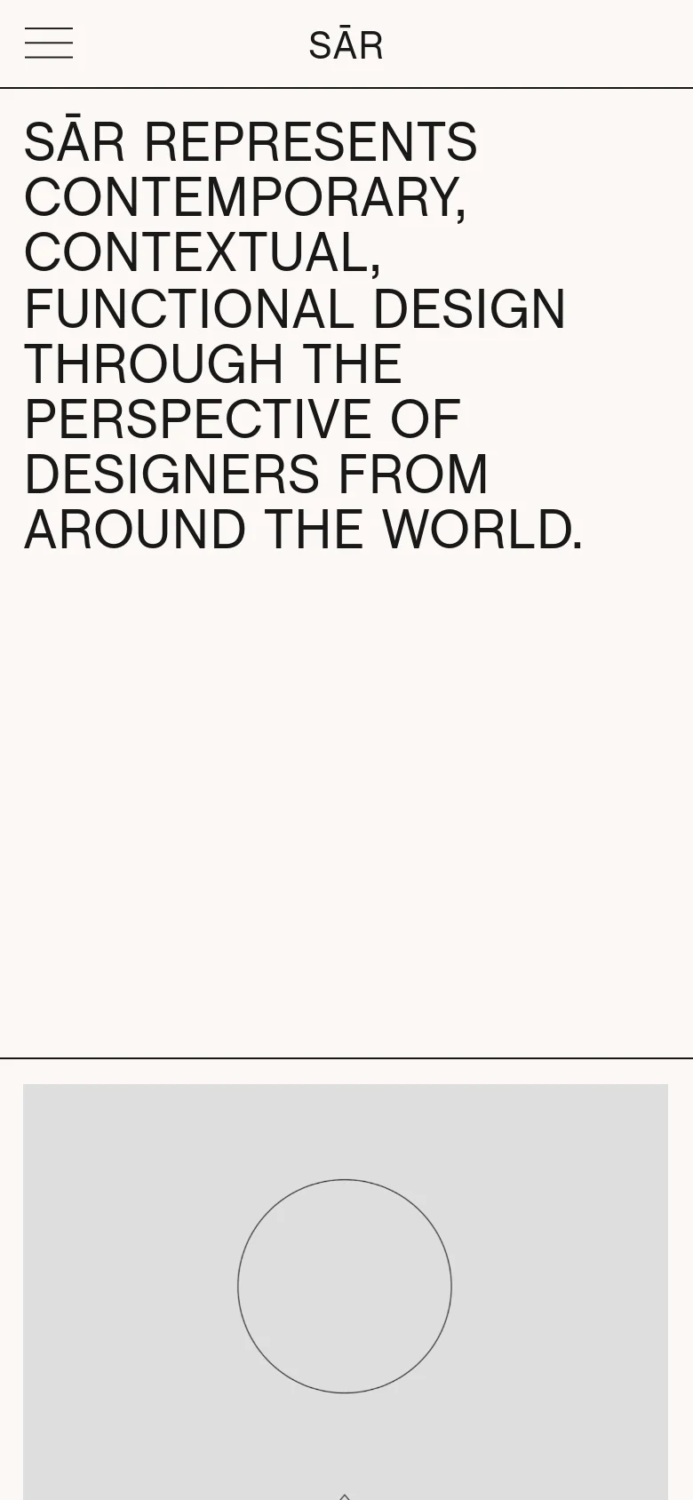 The mobile version maintains the minimalist aesthetic and large typography but transitions to a single-column vertical stack. The headline is centered and occupies the top half of the screen, followed by a large circular graphic element below it. The navigation menu is condensed into a hamburger icon at the top left.