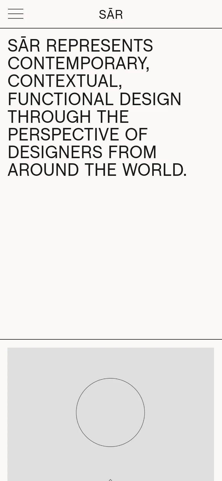 The mobile version maintains the minimalist aesthetic and large typography but transitions to a single-column vertical stack. The headline is centered and occupies the top half of the screen, followed by a large circular graphic element below it. The navigation menu is condensed into a hamburger icon at the top left.
