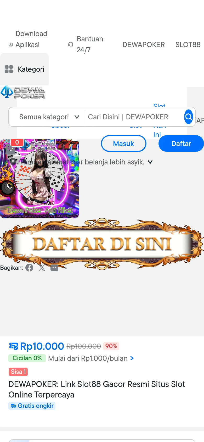 The mobile version presents a vertically stacked layout, starting with the navigation menu and search bar at the top. The hero image is centered, followed by the product title, price, and primary call-to-action buttons. The design is simplified for vertical scrolling, focusing on the product details and the 'Daftar Sekarang' button at the bottom.