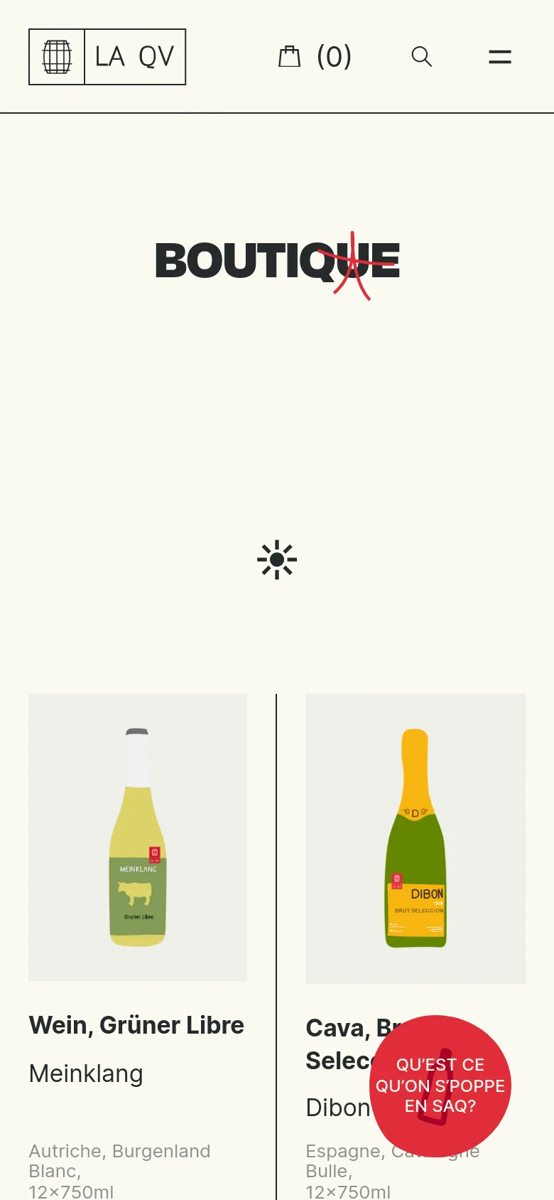 The mobile version maintains the minimalist aesthetic with the 'BOUTIQUE' header and red star, but uses a condensed layout. The navigation is simplified into a hamburger menu and a shopping bag icon, while the product grid shifts to a single-column view to fit the narrower screen.