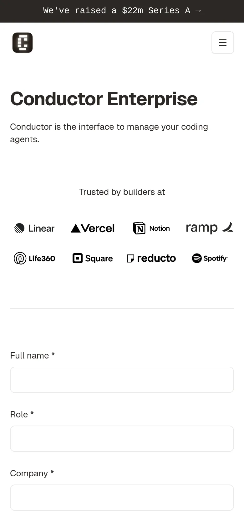 The mobile version presents a simplified vertical layout with a hamburger menu icon in the top right. The hero text and company logos are stacked vertically to fit the narrow screen, and the contact form fields span the full width of the device.