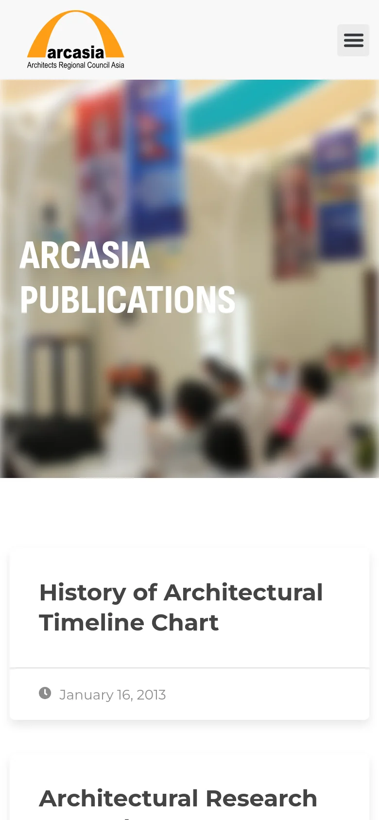 The mobile version displays a simplified header with the ARCASIA logo and a hamburger menu icon on the right. The hero section features the same blurred crowd background and large white 'ARCASIA PUBLICATIONS' headline, but the publication list transitions from a grid to a single-column vertical stack.