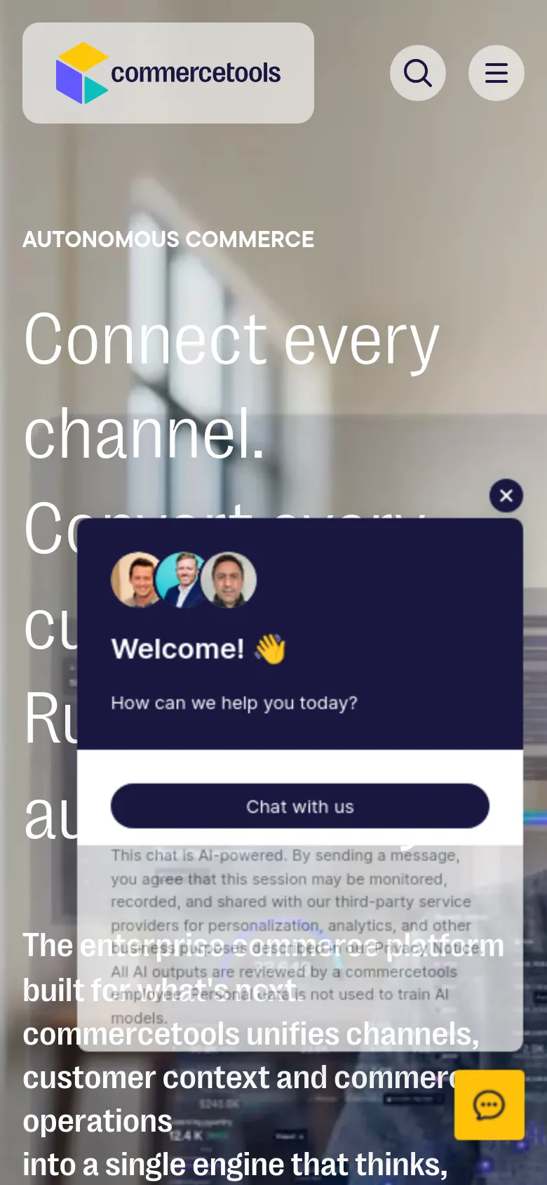 The mobile version shows a vertically stacked layout with the hero headline and text centered over a blurred background image. A prominent chat widget pop-up is visible at the bottom, and the navigation is condensed into a hamburger menu and search icon at the top.