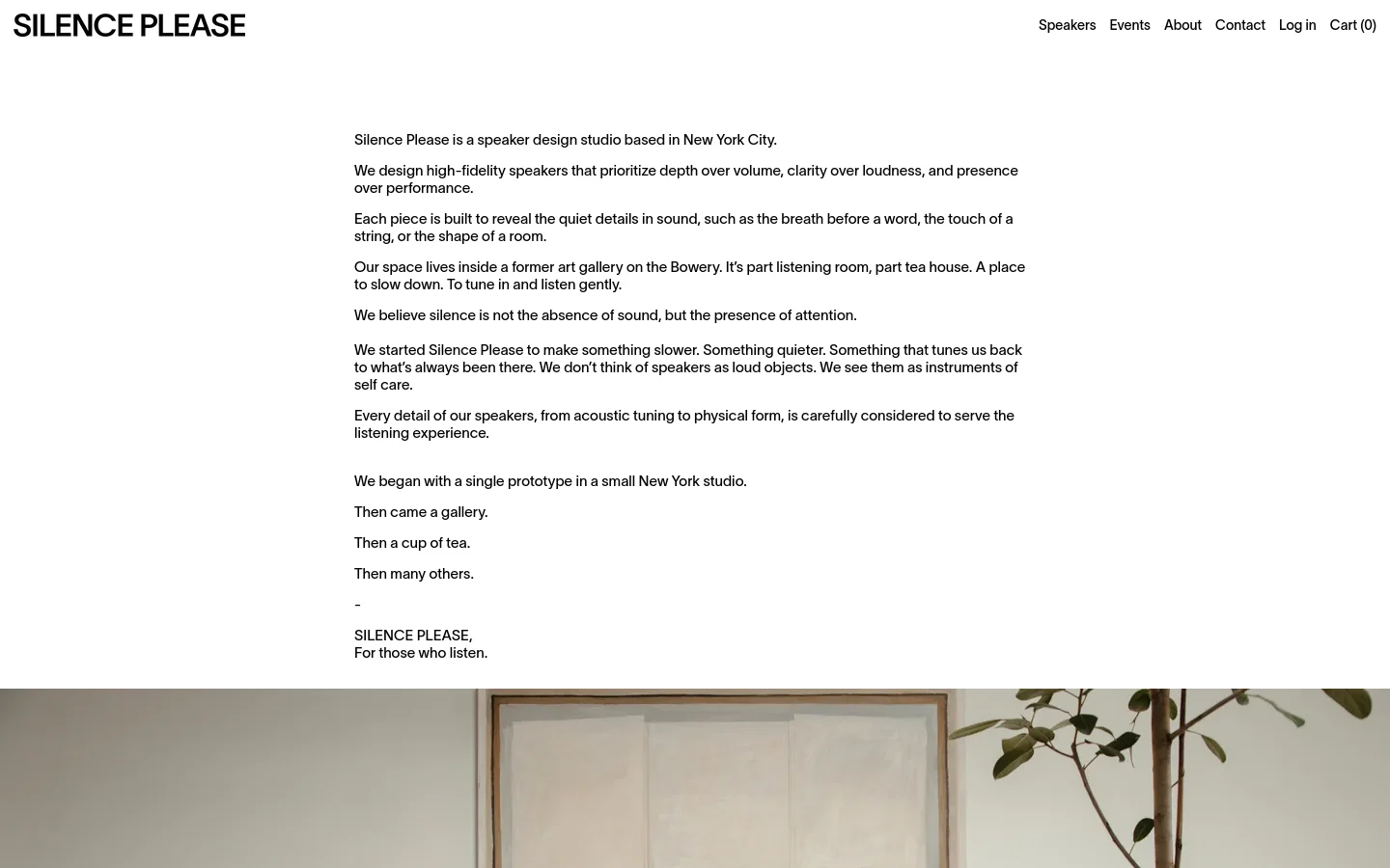 The About page features a minimalist design with black text on a white background. The layout consists of centered text paragraphs describing the speaker design studio, followed by a large image carousel at the bottom showing lifestyle photography. The desktop navigation menu is positioned at the top right with links for Speakers, Events, About, Contact, Log in, and Cart.