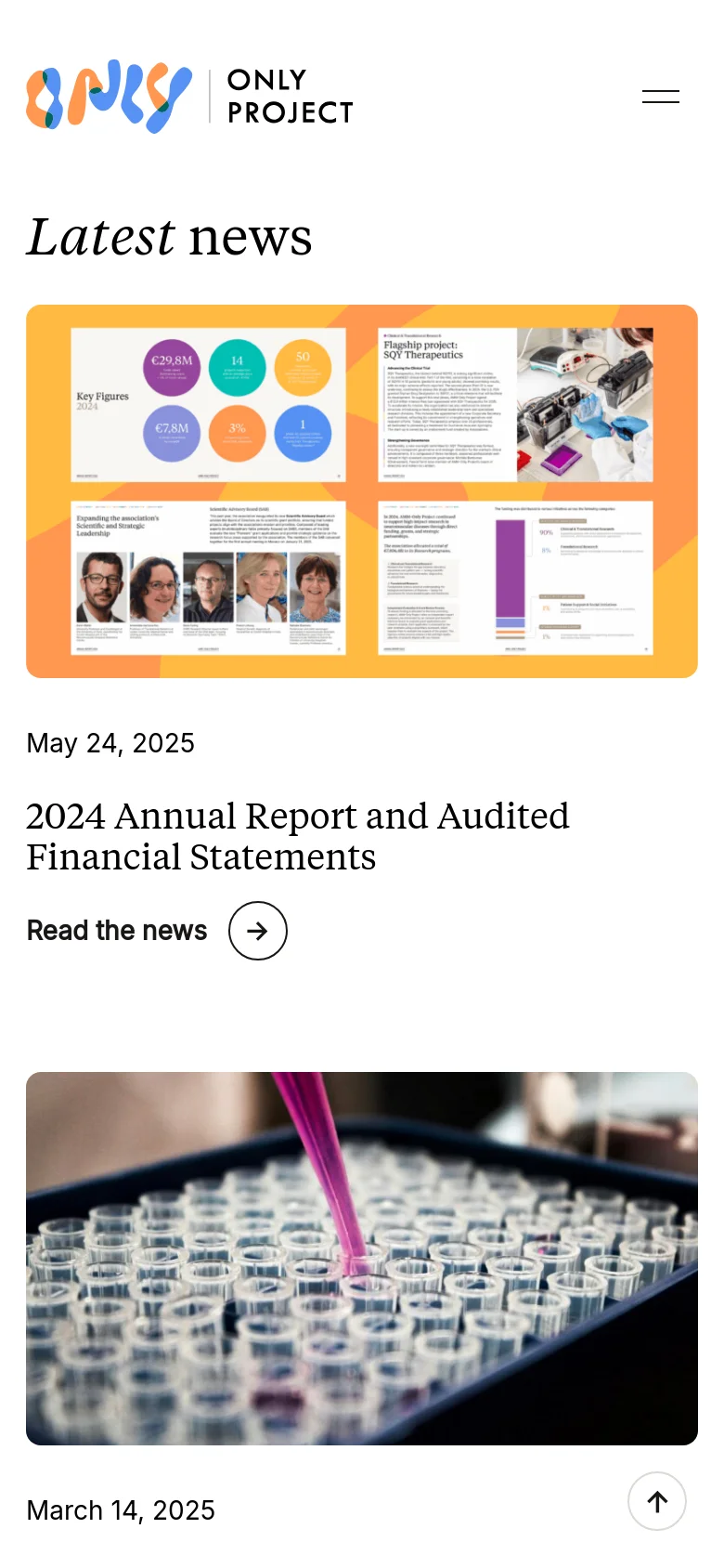 The mobile version presents a simplified vertical layout with the logo and a hamburger menu icon at the top. The 'Latest news' headline is followed by news entries stacked vertically, starting with the 2024 Annual Report article which includes a large preview image of financial charts and text.