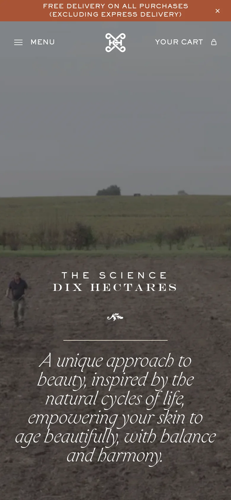 The mobile version presents a vertically oriented hero image of the landscape, with the headline and poetic text stacked centrally. The navigation is simplified to a top bar containing a menu icon, a central logo, and a cart icon, while the content flows in a single-column format optimized for vertical scrolling.