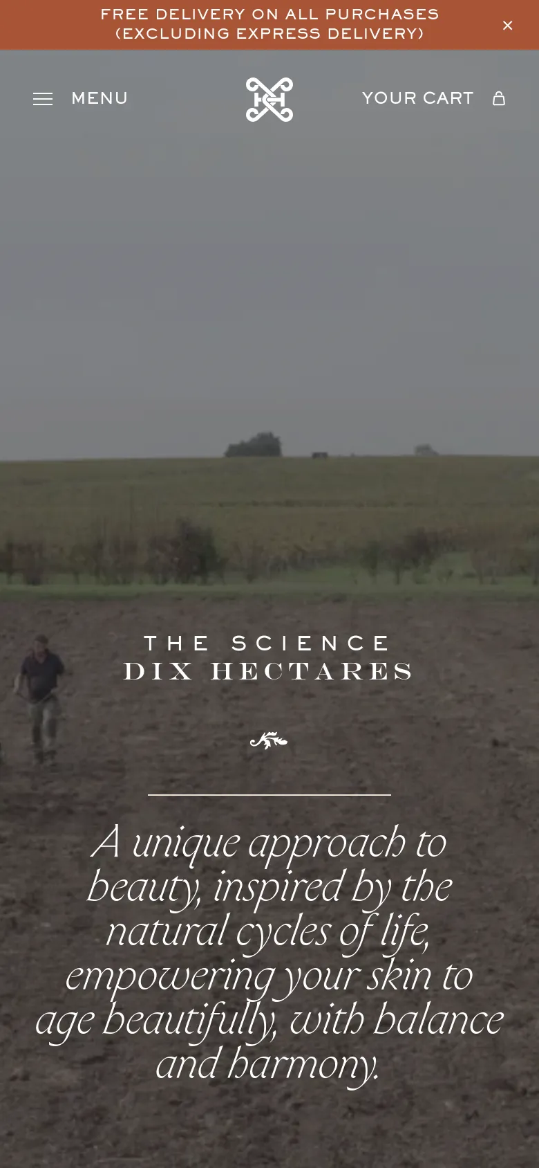 The mobile version presents a vertically oriented hero image of the landscape, with the headline and poetic text stacked centrally. The navigation is simplified to a top bar containing a menu icon, a central logo, and a cart icon, while the content flows in a single-column format optimized for vertical scrolling.