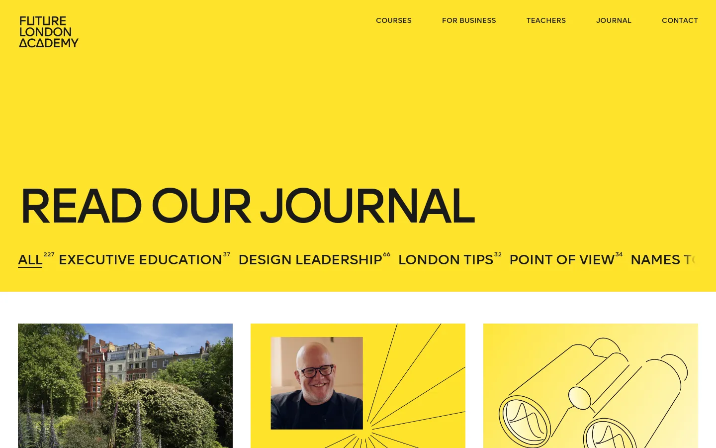 The desktop Journal page features a bright yellow header with the large black heading 'READ OUR JOURNAL' and a horizontal navigation menu of article categories. Below the header, a grid of article cards displays large preview images with titles, such as 'Things to do in London this June'.