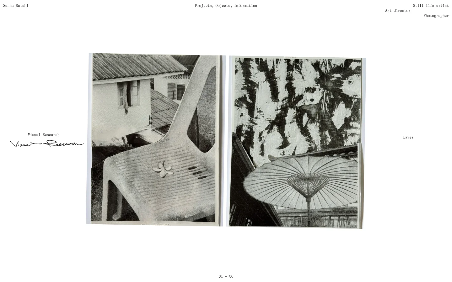 The desktop homepage features a minimalist white layout with black serif typography. A navigation menu at the top includes links for Projects, Objects, and Information, while the hero section displays large, black-and-white photographic prints of sculptural objects and textures. The layout uses ample whitespace and a grid of large images to showcase creative projects like 'Visual Research' and 'Ekonika x Cosmoscow'.