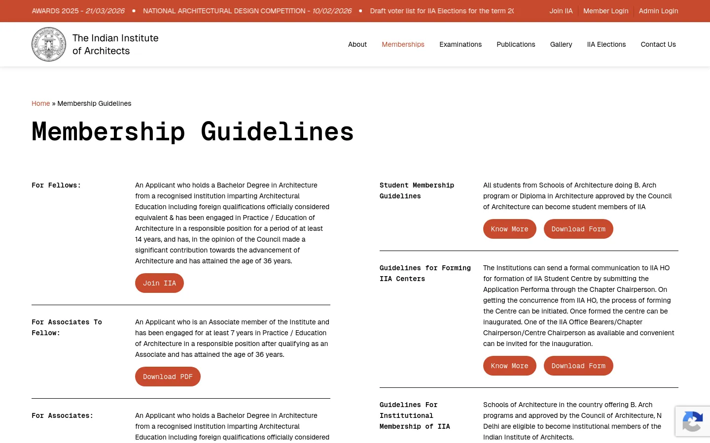 The desktop page features a white background with the headline 'Membership Guidelines' in large black text. Below the headline, membership categories like 'For Fellows' and 'For Associates To Fellow' are listed in a multi-column layout with descriptive text and brown call-to-action buttons such as 'Join IIA' and 'Download PDF'. A top navigation bar includes the IIA logo and links for About, Memberships, and Examinations.