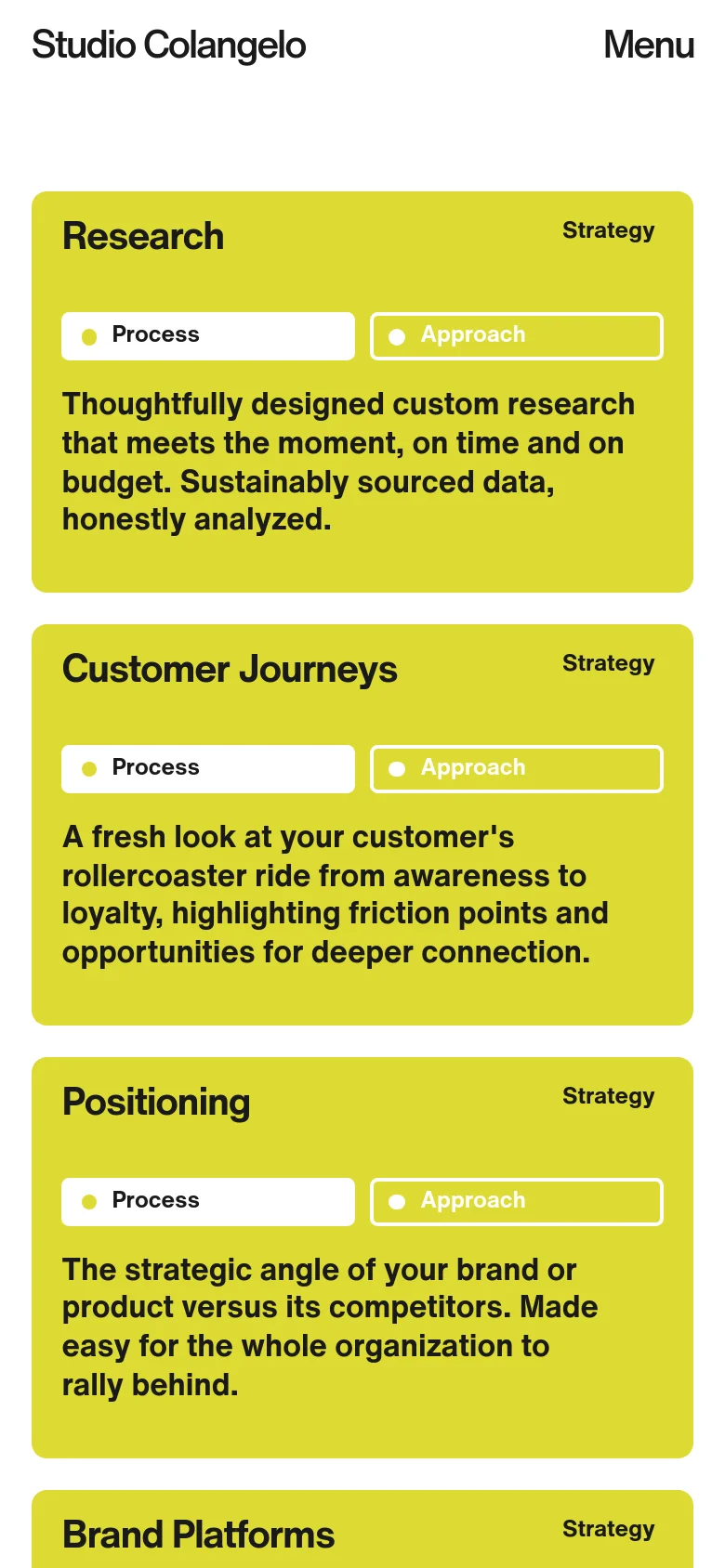 The mobile version presents a single-column vertical layout of the lime-green service cards, making them easier to scroll through on a small screen. The top navigation is condensed into a 'Menu' button next to the 'Studio Colangelo' logo, and the grid structure from the desktop version is replaced by a stacked list.