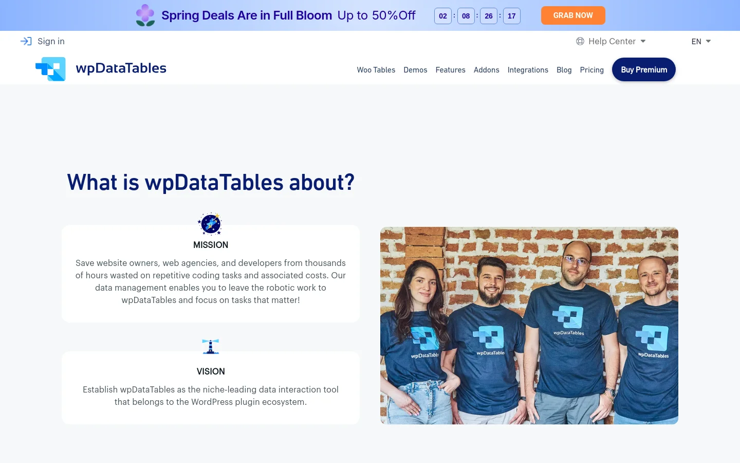 The desktop About Us page features a clean white and light blue layout with a navigation bar at the top. A large heading asks 'What is wpDataTables about?' followed by two white cards containing mission and vision statements with small icons, positioned next to a large group photo of the wpDataTables team in front of a brick wall. A blue 'Buy Premium' button is prominently displayed in the header.