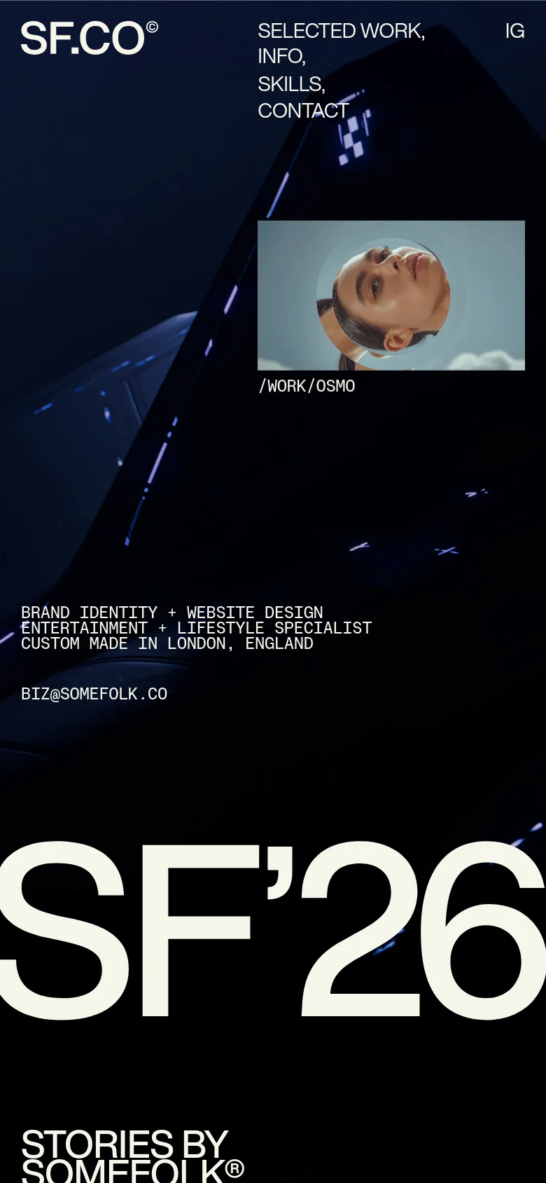 The mobile version presents a vertically stacked layout with a dark background and large white 'SF'26' text dominating the lower half. The navigation is simplified into a vertical list of links, and the 'Osmo' project preview is centered as a large rectangular image above the text.