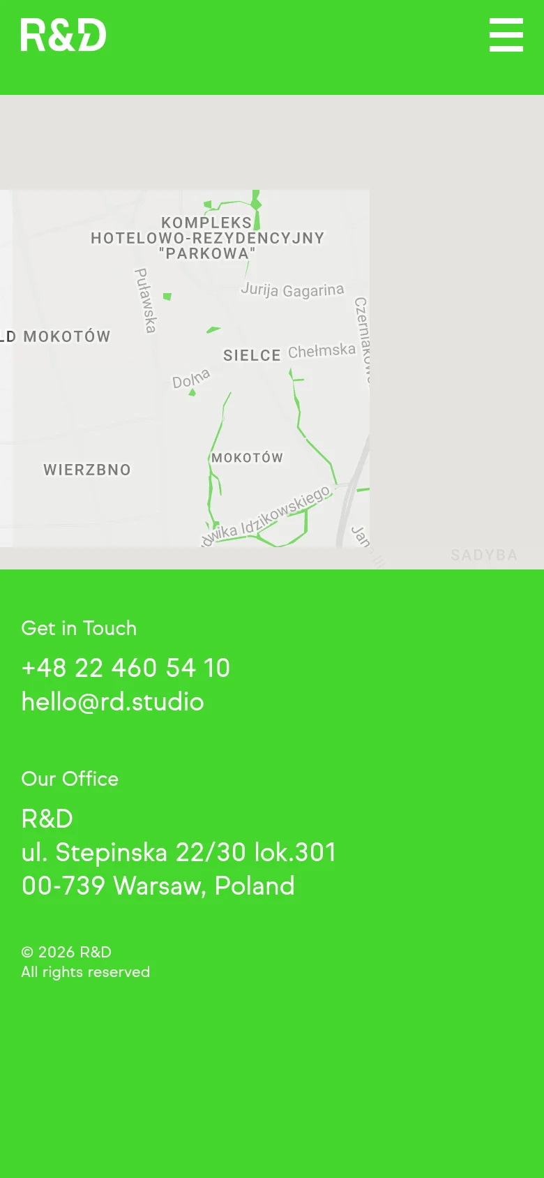 The mobile version maintains the bright green and light gray color scheme but uses a simplified layout. The top navigation is replaced by a hamburger menu icon, and the contact information is stacked vertically in a large green section at the bottom of the screen. The central map area remains the primary visual element.