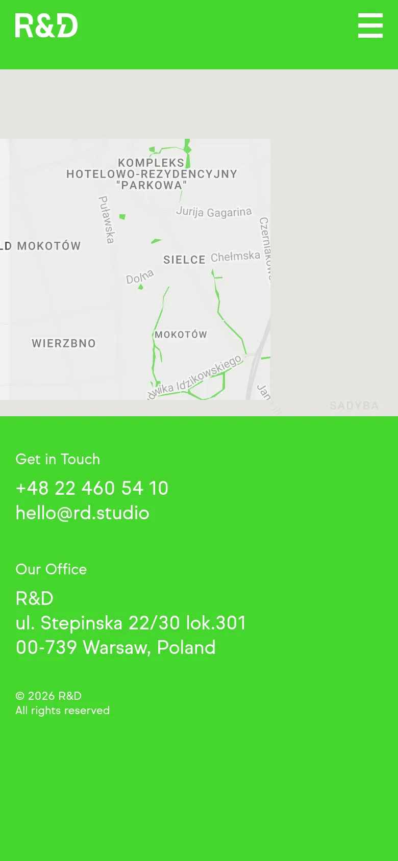 The mobile version maintains the bright green and light gray color scheme but uses a simplified layout. The top navigation is replaced by a hamburger menu icon, and the contact information is stacked vertically in a large green section at the bottom of the screen. The central map area remains the primary visual element.