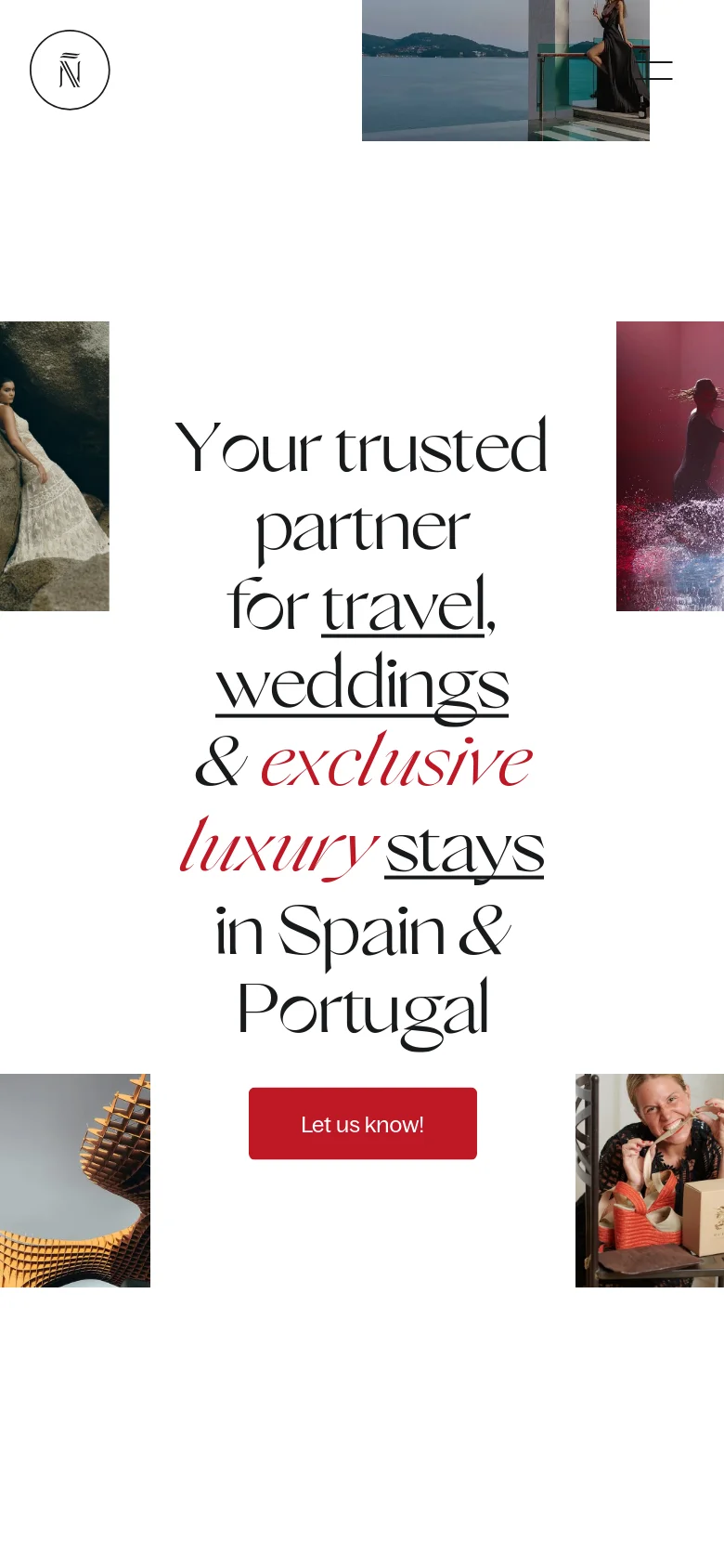 The mobile version uses a simplified vertical layout with a centered logo and a hamburger menu icon at the top. The large serif headline and red 'Let us know!' call-to-action button are stacked vertically, with lifestyle images appearing in a single-column scrollable format.