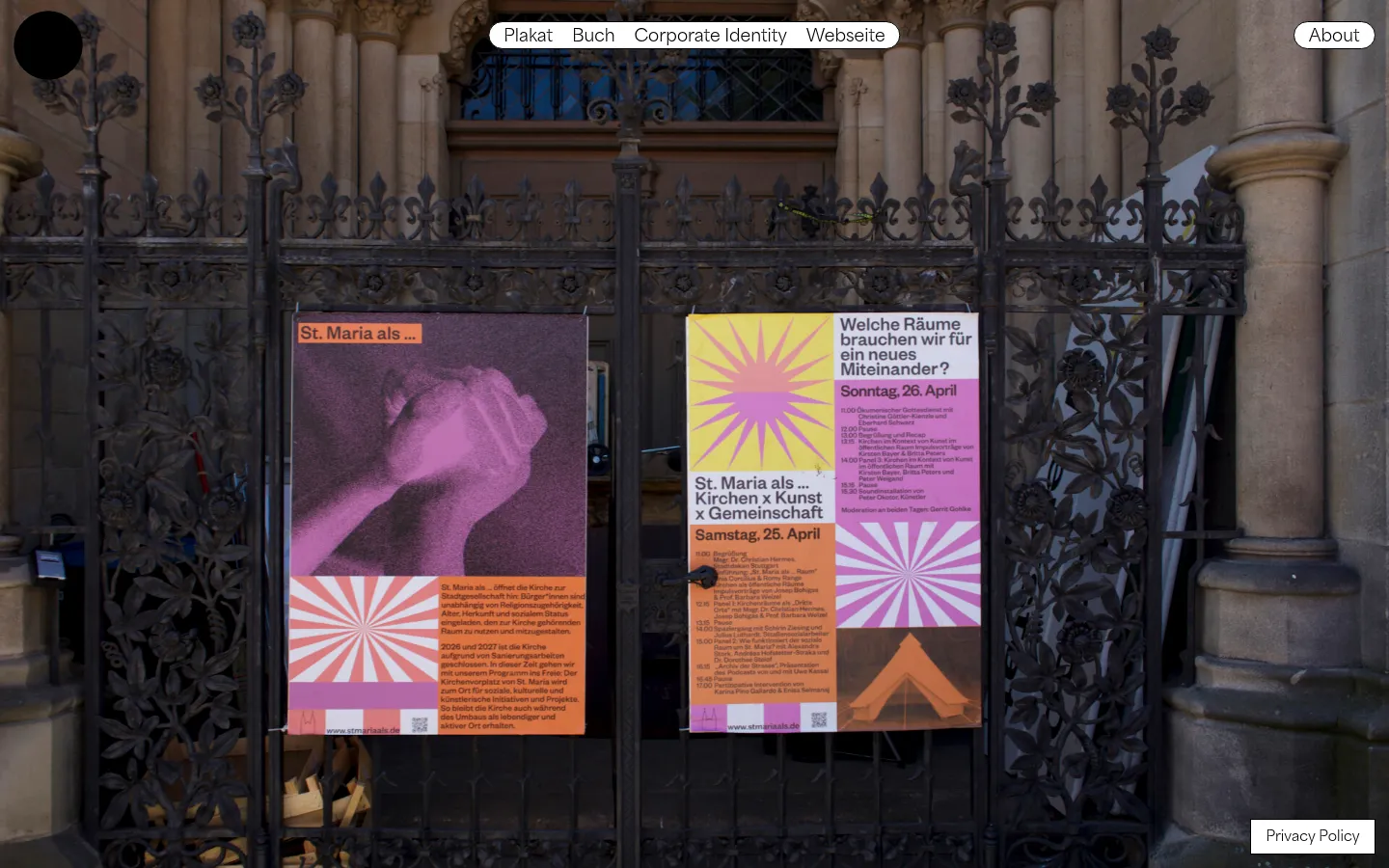 The desktop homepage features a minimalist design with a large hero image of two colorful posters hanging on an ornate black metal gate. A white navigation bar at the top contains links for Plakat, Buch, Corporate Identity, Webseite, and About. Below the hero section, a vertical grid showcases various design projects with large images and descriptive text on a black background.