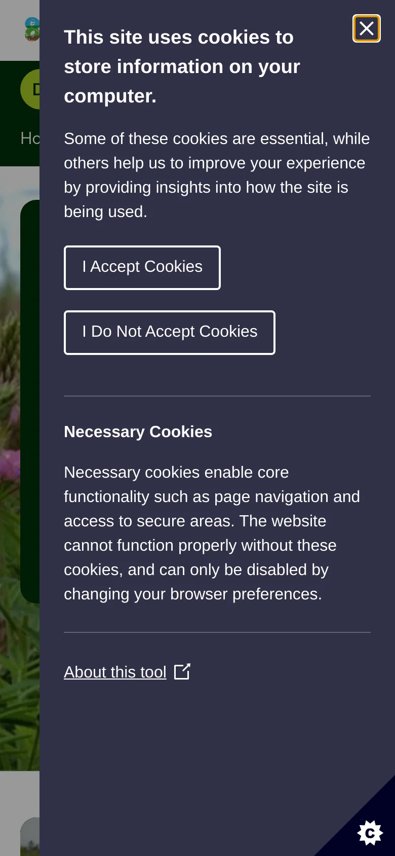 The mobile version presents a vertically stacked layout where the hero text and mission cards are resized for a narrow screen. The navigation menu is condensed, and the large cookie consent overlay dominates the foreground, obscuring much of the content with dark purple branding and white text.