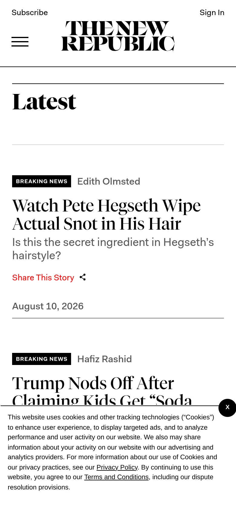 The mobile version presents a simplified, single-column layout optimized for vertical scrolling. The masthead and navigation are condensed, and the 'Our Writers' sidebar is removed, focusing entirely on the chronological news feed of headlines and article summaries.