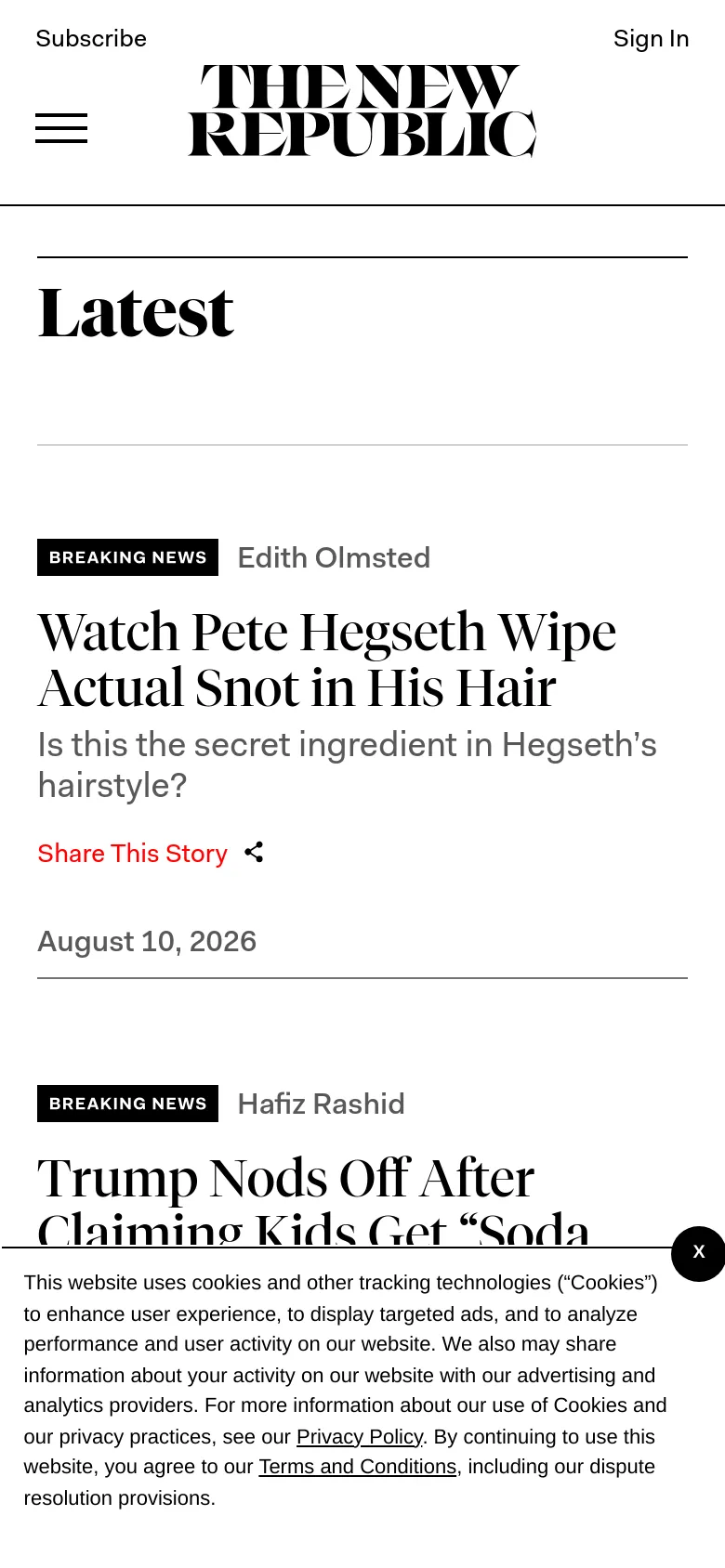 The mobile version presents a simplified, single-column layout optimized for vertical scrolling. The masthead and navigation are condensed, and the 'Our Writers' sidebar is removed, focusing entirely on the chronological news feed of headlines and article summaries.
