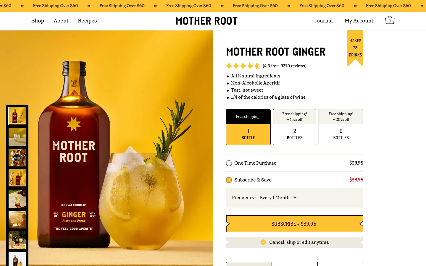 Desktop product page for Mother Root Ginger featuring a large hero image of a bottle and a cocktail against a vibrant yellow background. The layout includes a left-side vertical thumbnail gallery, product title, star ratings, key benefits, and a purchase section with options for 1, 2, or 6 bottles. A prominent yellow 'SUBSCRIBE' call to action button is located on the right side.