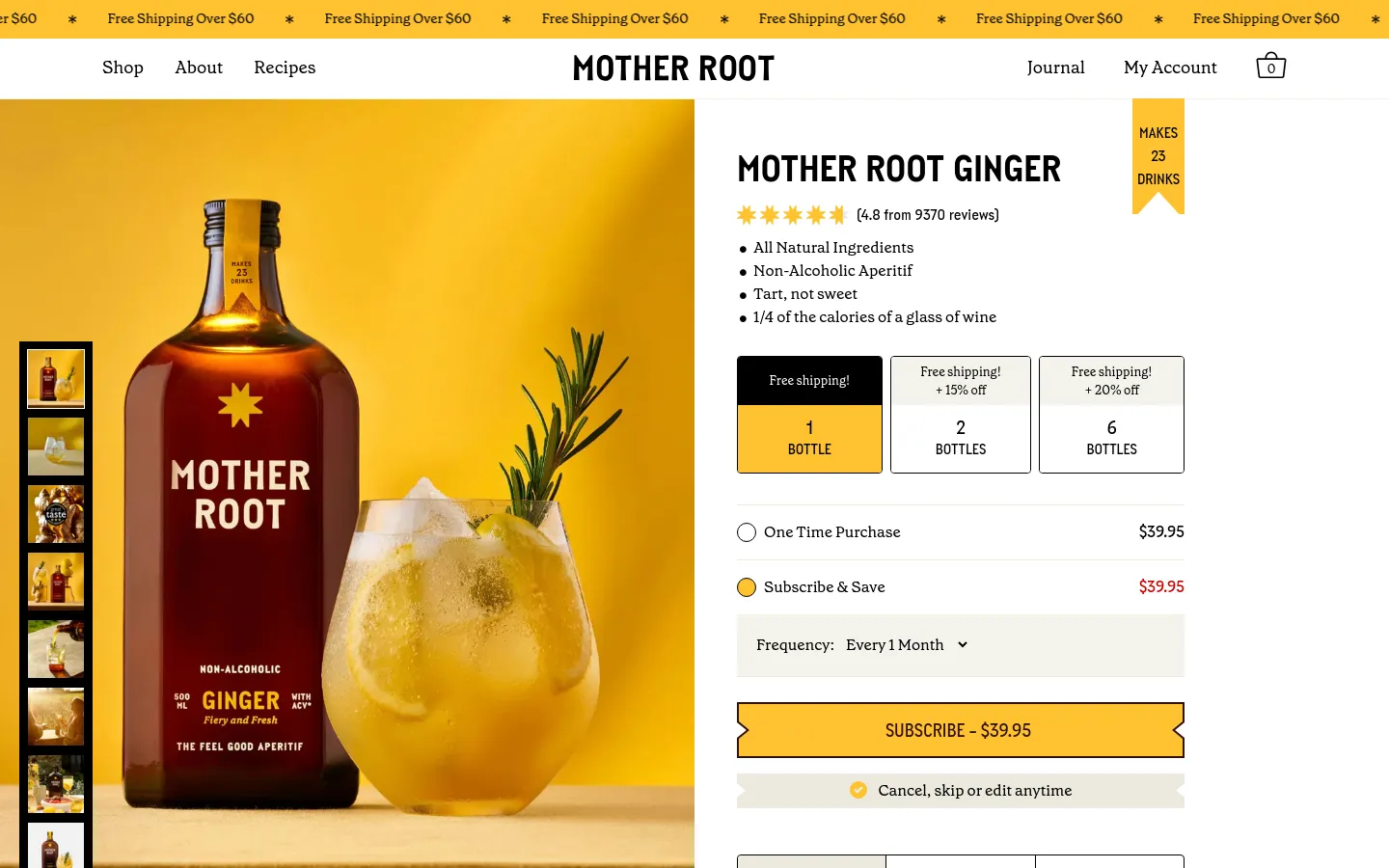 Desktop product page for Mother Root Ginger featuring a large hero image of a bottle and a cocktail against a vibrant yellow background. The layout includes a left-side vertical thumbnail gallery, product title, star ratings, key benefits, and a purchase section with options for 1, 2, or 6 bottles. A prominent yellow 'SUBSCRIBE' call to action button is located on the right side.