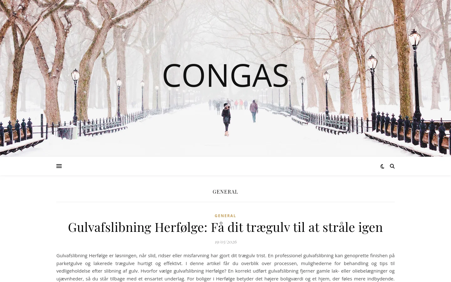 The desktop view shows a blog category page for 'General' with a large hero image of a snowy park path lined with trees and streetlamps, featuring the 'CONGAS' logo in large black text. Below the hero, a single long-form article titled 'Gulvafslibning Herfølge: Få dit trægulv til at stråle igen' is displayed with a text summary and a 'læs mere' link. The layout is clean with a white background and a minimalist navigation bar containing a menu icon, search, and dark mode toggle.