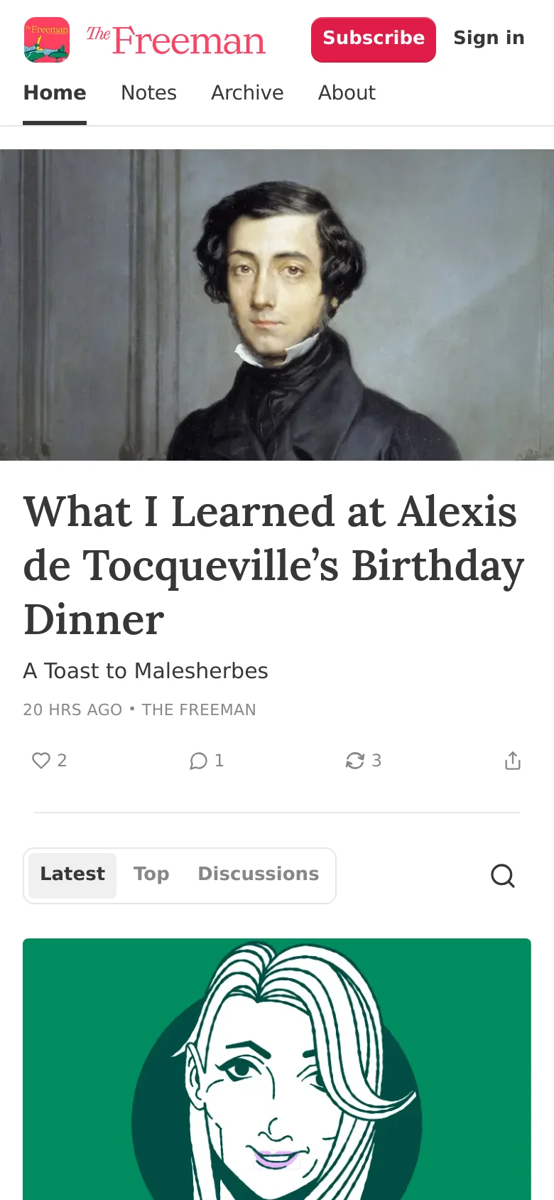 The mobile version presents a simplified vertical layout with the publication logo and a red 'Subscribe' button at the top. Navigation links are condensed, and the featured article with the portrait of Alexis de Tocqueville occupies the full width of the screen. The interface focuses on a single-column feed of content and a search icon.