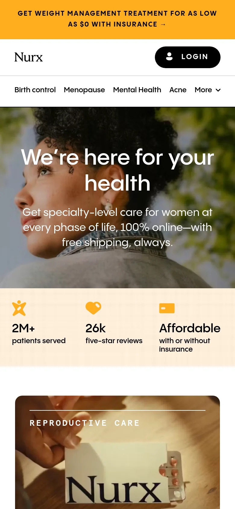 The mobile version presents a vertically stacked layout starting with a condensed navigation menu and a 'Login' button. The hero section features the same woman and headline but centered for a smaller screen, followed by a single-row statistics section with icons for patients served, reviews, and insurance. The content below transitions into large, full-width cards for different care categories like Reproductive Care.