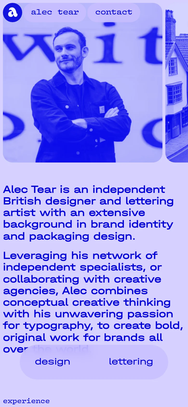 The mobile version presents a vertically stacked layout with the navigation links at the top. The hero section features a large portrait of Alec Tear next to a partial view of a street scene, followed by the main headline and biographical text. The 'design' and 'lettering' buttons are centered at the bottom of the visible screen area.