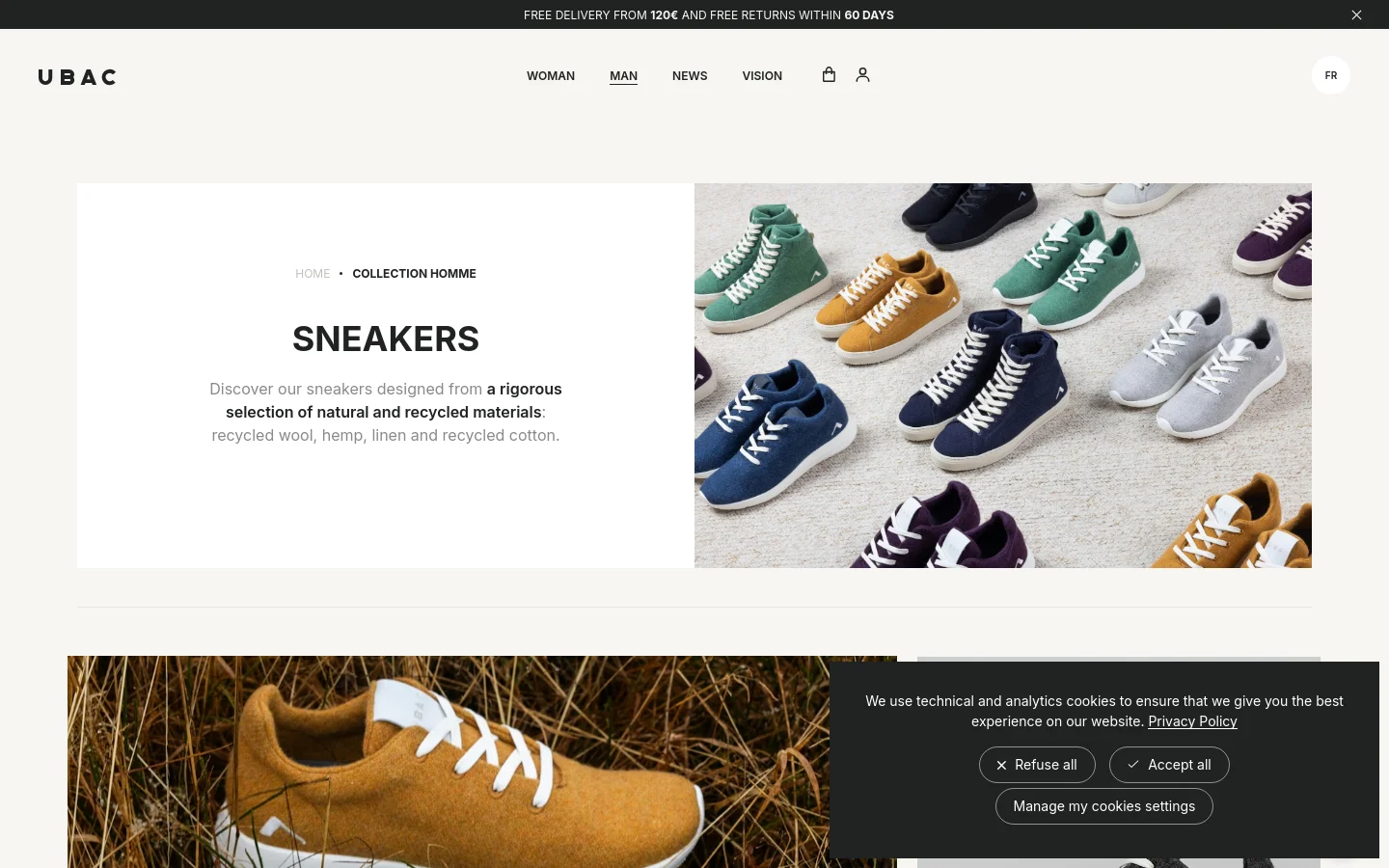 The desktop view shows the Ubac men's collection page with a clean white background and minimalist navigation. A large hero section features the headline 'SNEAKERS' next to a wide lifestyle image of various colorful sneakers arranged on a light surface. Below the hero, a large close-up image shows two sneakers resting in tall grass.