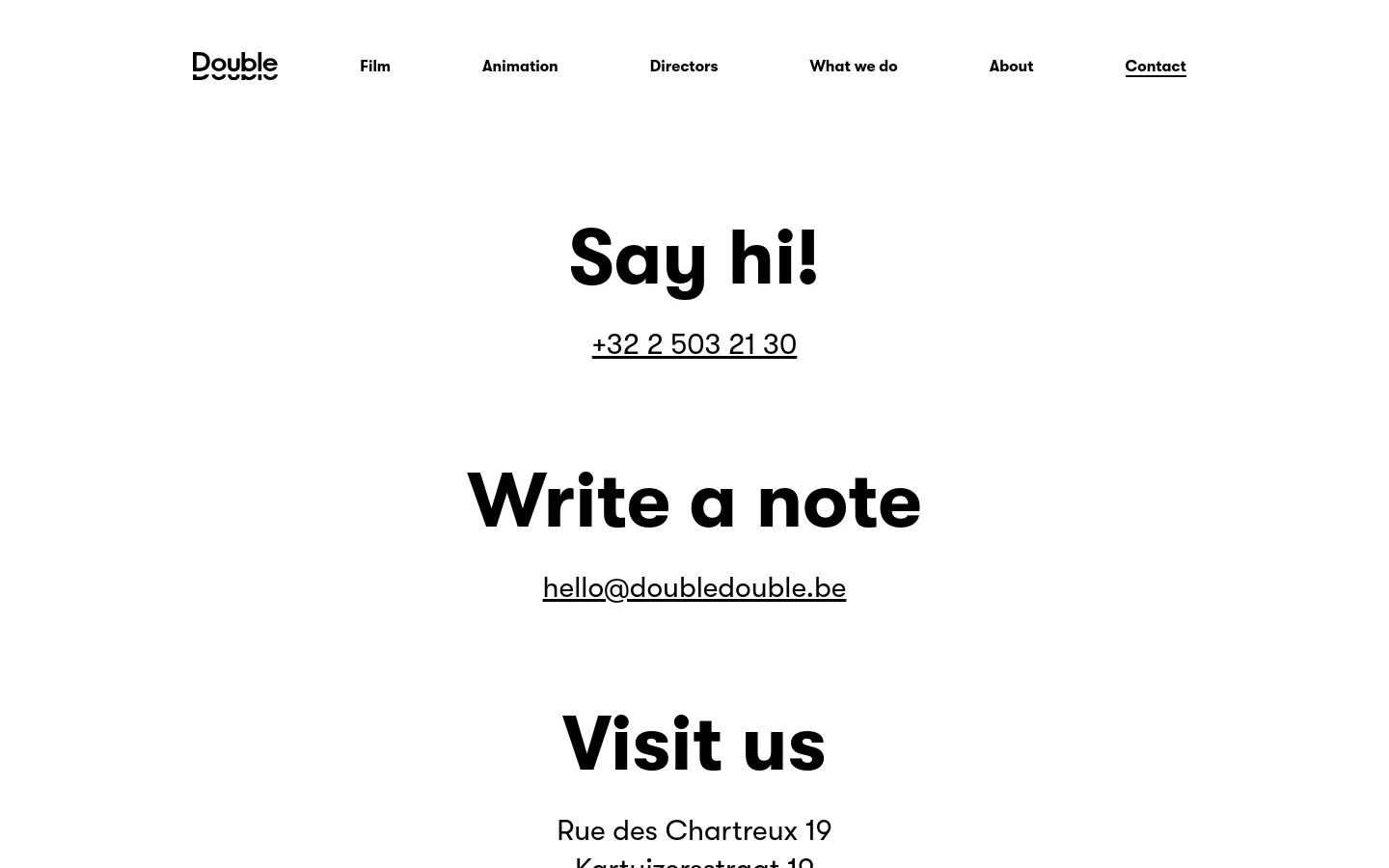 The desktop contact page features a minimalist white background with bold black typography. A navigation menu at the top includes links for Film, Animation, Directors, What we do, About, and Contact. The main content is centered and vertically stacked, displaying contact sections for phone, email, physical address, and a recruitment note.