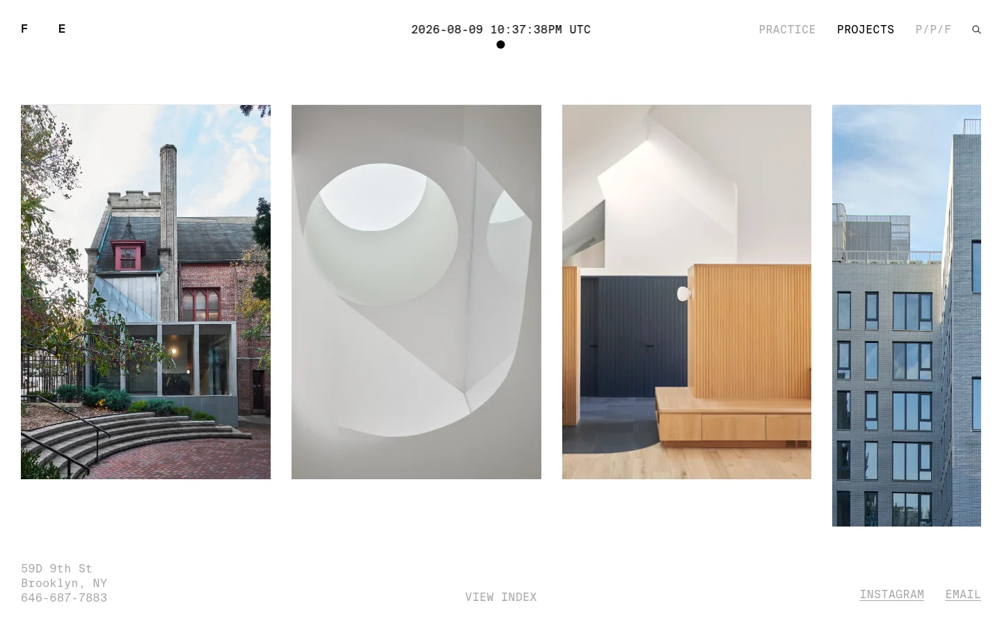 The Projects page features a minimalist white layout with a horizontal gallery of large architectural photographs showcasing various building details and exteriors. A navigation bar at the top includes links for Practice, Projects, and P/P/F, while the footer contains contact information and social links.