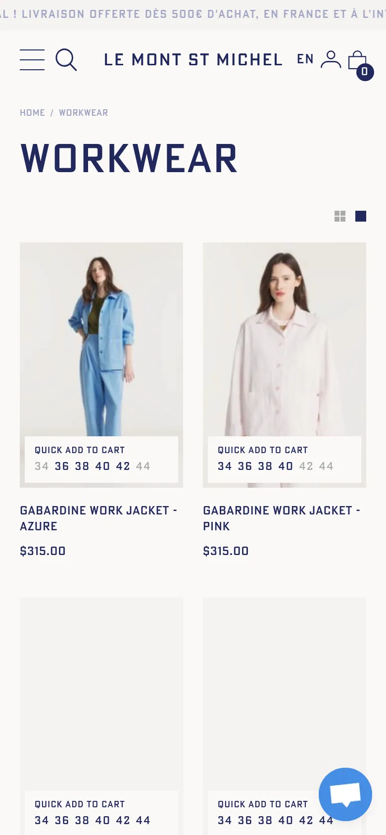 The mobile version simplifies the layout into a single-column vertical scroll, focusing on large product imagery and clear text. The header is condensed with a hamburger menu, search icon, and user account icon, while the 'Workwear' title remains prominent above the product grid. Product cards show the image, 'Quick add to cart' button, size options, name, and price in a stacked format.