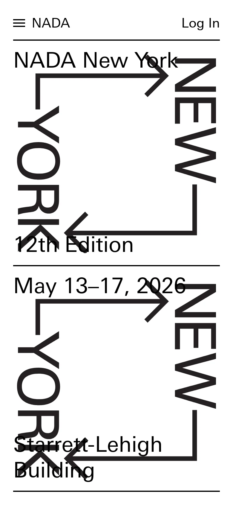 The mobile version maintains the minimalist white and black aesthetic but transitions to a single-column vertical stack. Large, oversized typography dominates the screen, with text like 'NEW YORK' oriented vertically and wrapped by thick black arrows. The navigation is simplified with a hamburger menu and a 'Log In' link at the top.
