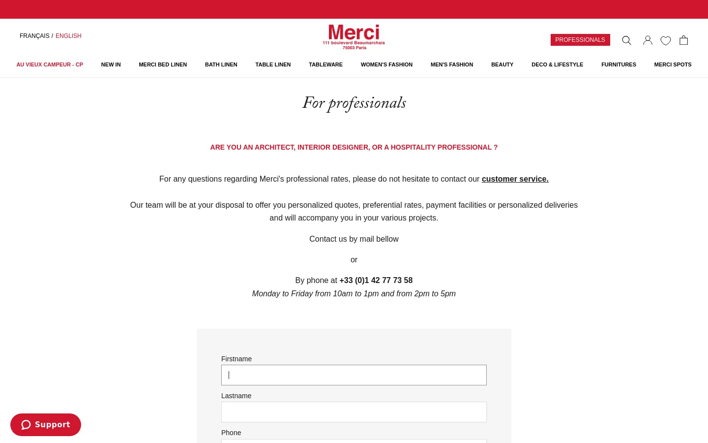 The desktop page features a clean, minimalist white layout with a centered serif headline reading 'For professionals' and a subheadline in red. Below the text, contact information is provided alongside a contact form with fields for Firstname, Lastname, and Phone. The navigation bar at the top includes the Merci logo, various shopping categories, and utility icons for search, account, favorites, and cart.