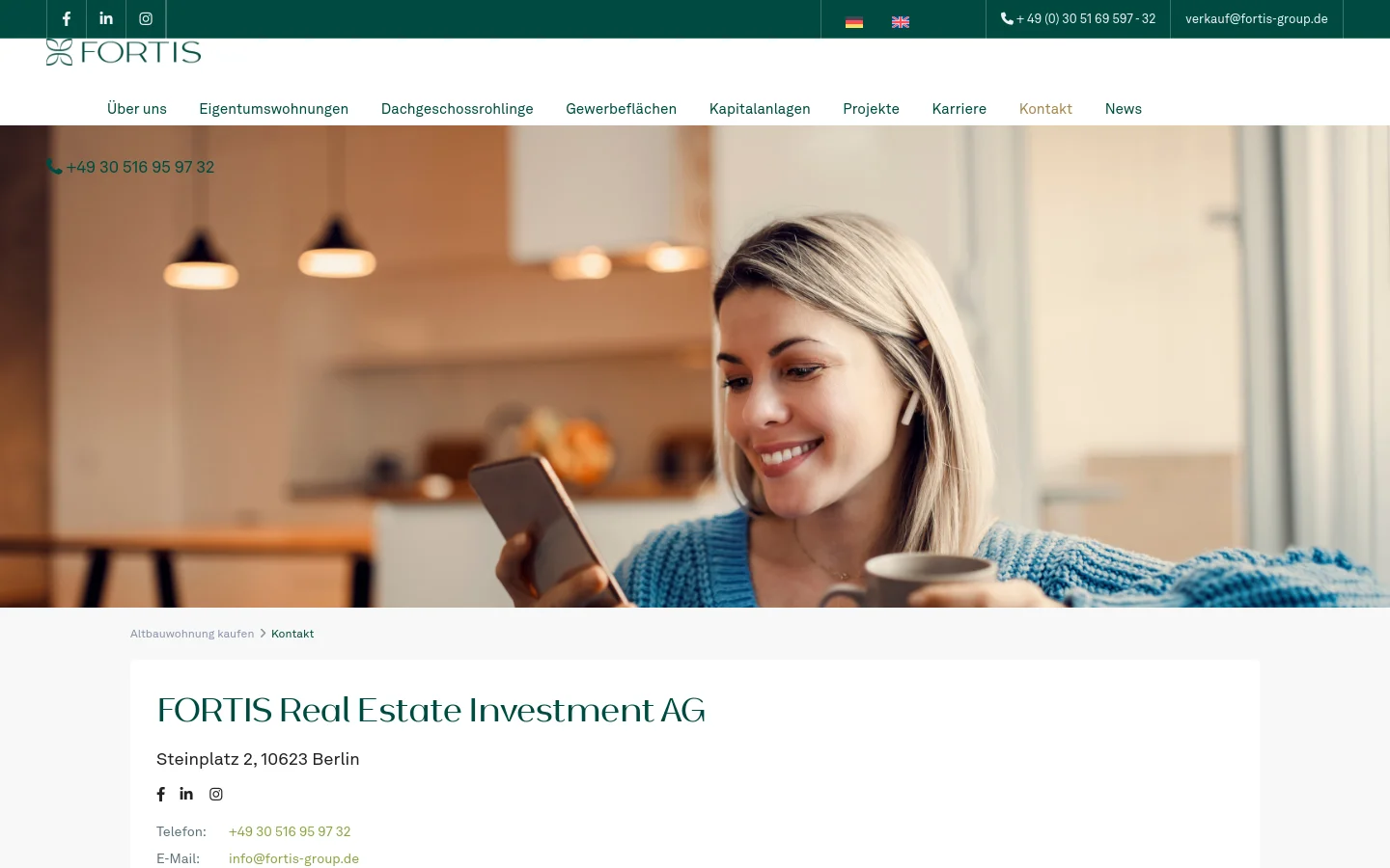 The desktop contact page features a large hero image of a smiling woman using a smartphone in a bright kitchen. Below the hero section, a clean white layout displays the company name 'FORTIS Real Estate Investment AG', their Berlin address, social media icons, and contact details including phone and email.