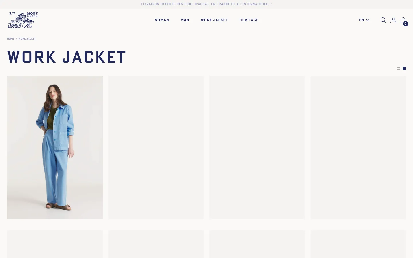The desktop page for Work Jacket features a clean, minimalist layout with a white background and dark blue typography. A large hero image shows a model in a light blue jacket and matching trousers, followed by a grid of product cards displaying Gabardine work jackets in various colors like azure and pink. Each product card includes a 'Quick add to cart' option and available size selections.