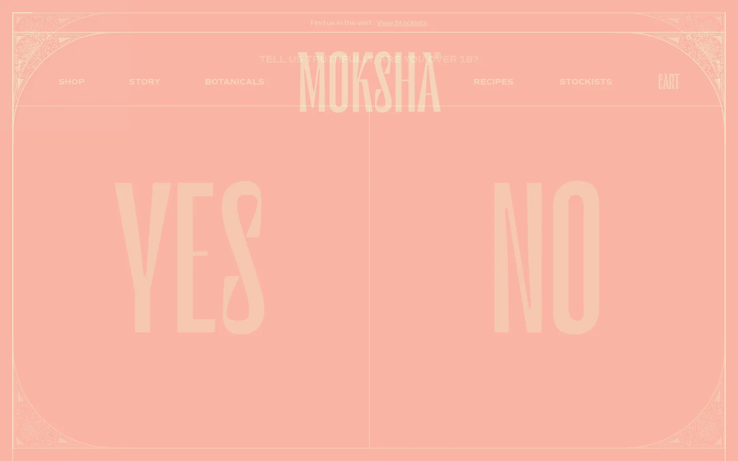 The 'Our Story' page features a peach-colored background with white text and decorative borders. A large age verification overlay displays 'TELL US TRUTHFULLY, ARE YOU OVER 18?' above two large, clickable buttons labeled 'YES' and 'NO'.