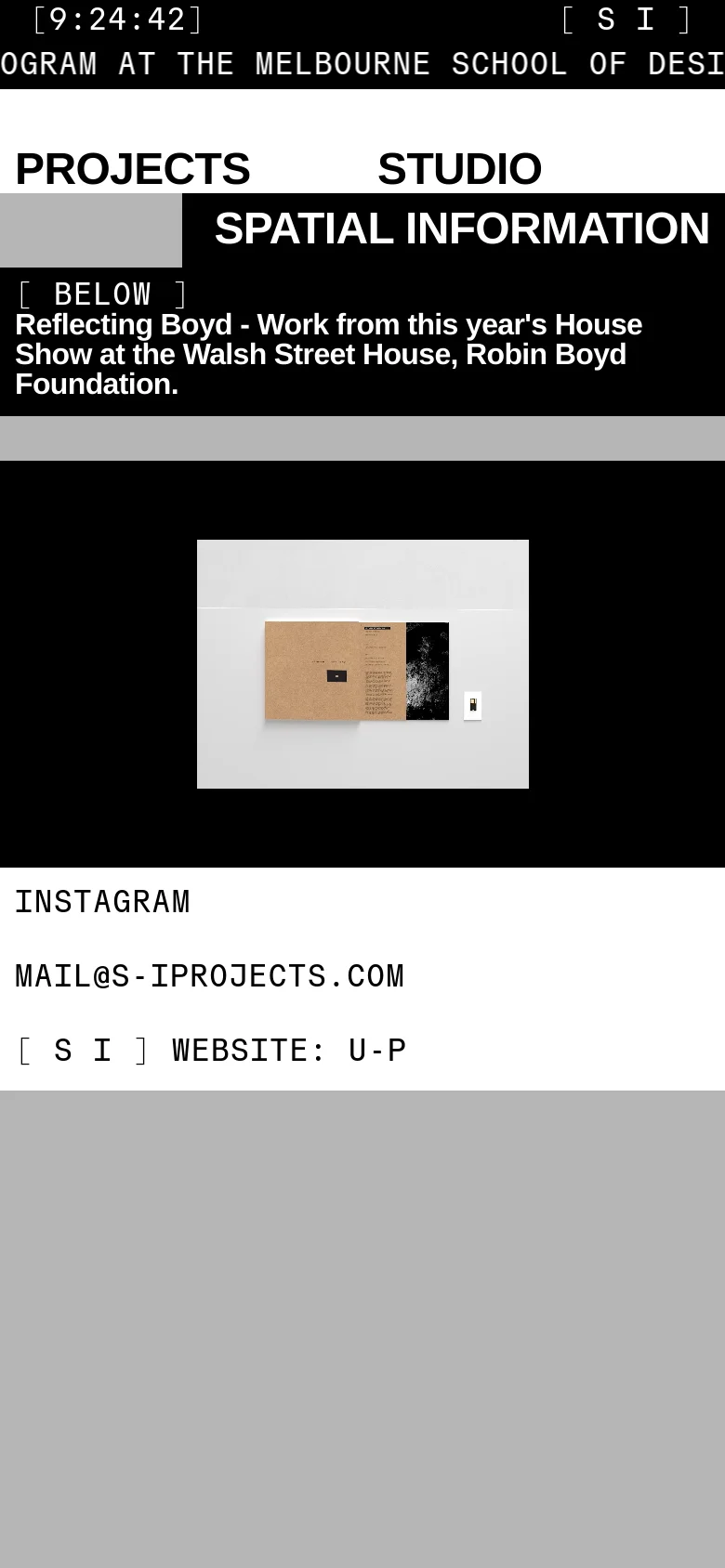 The mobile version simplifies the layout into a vertical stack, placing the brand name and navigation links prominently at the top. The hero image of the open book is centered, followed by contact information and social links like Instagram and email. The design maintains the minimalist black, white, and grey aesthetic of the desktop version but optimizes for vertical scrolling.
