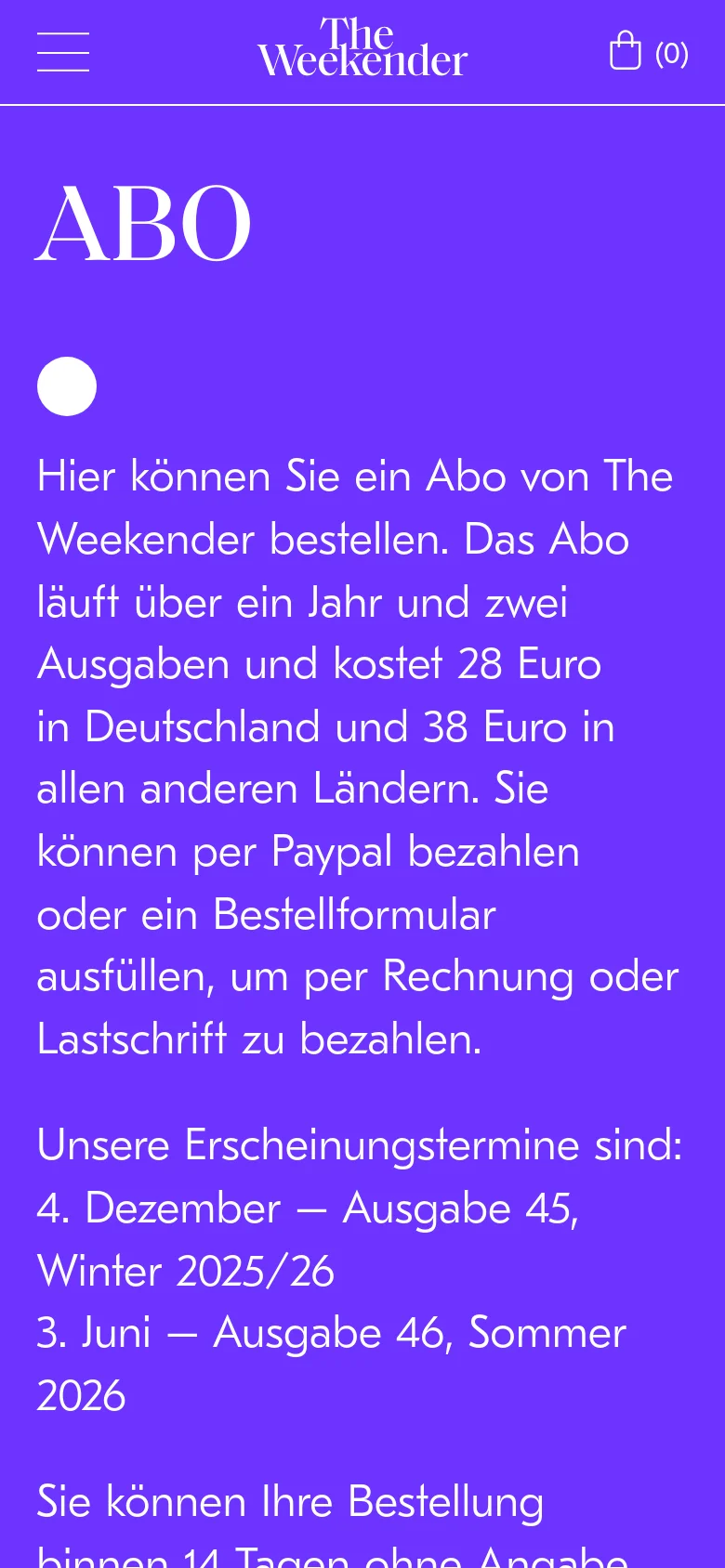 The mobile version maintains the solid purple background and white text but uses a single-column vertical layout. The navigation is condensed into a hamburger menu and a shopping bag icon at the top, with the large 'ABO' headline and subscription information stacked vertically for easier scrolling.