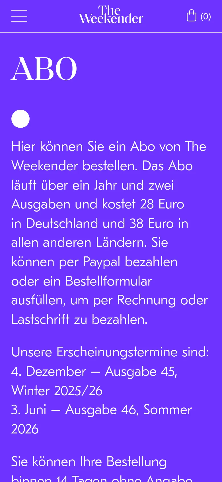 The mobile version maintains the solid purple background and white text but uses a single-column vertical layout. The navigation is condensed into a hamburger menu and a shopping bag icon at the top, with the large 'ABO' headline and subscription information stacked vertically for easier scrolling.