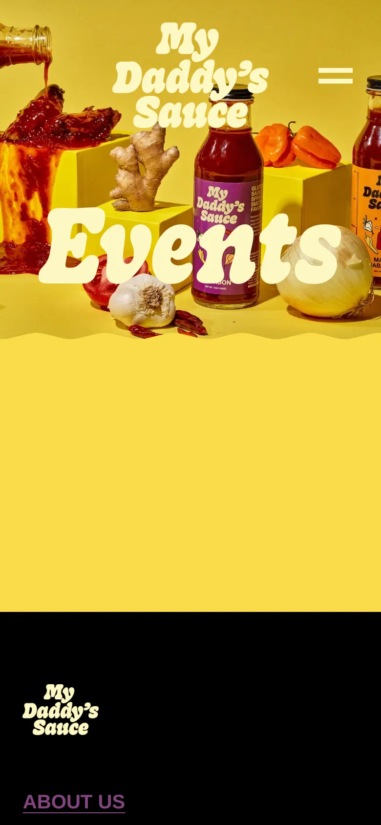 The mobile version maintains the yellow hero image with sauce bottles and ingredients, but the navigation is condensed into a hamburger menu icon. The large 'Events' heading is centered, and the event list follows below in a single-column vertical layout optimized for scrolling.
