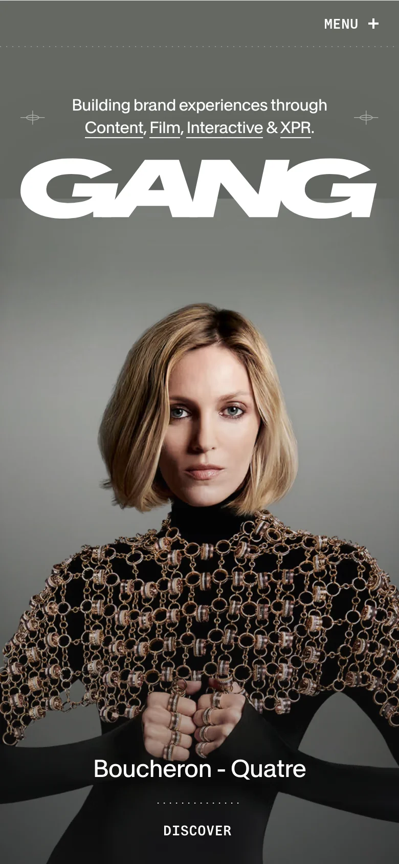The mobile version presents a vertically stacked layout with a 'MENU' button at the top right. The hero section features the large 'GANG' headline over a portrait of a woman wearing a gold chain-link garment, with the text 'Boucheron - Quatre' and a 'DISCOVER' button at the bottom.